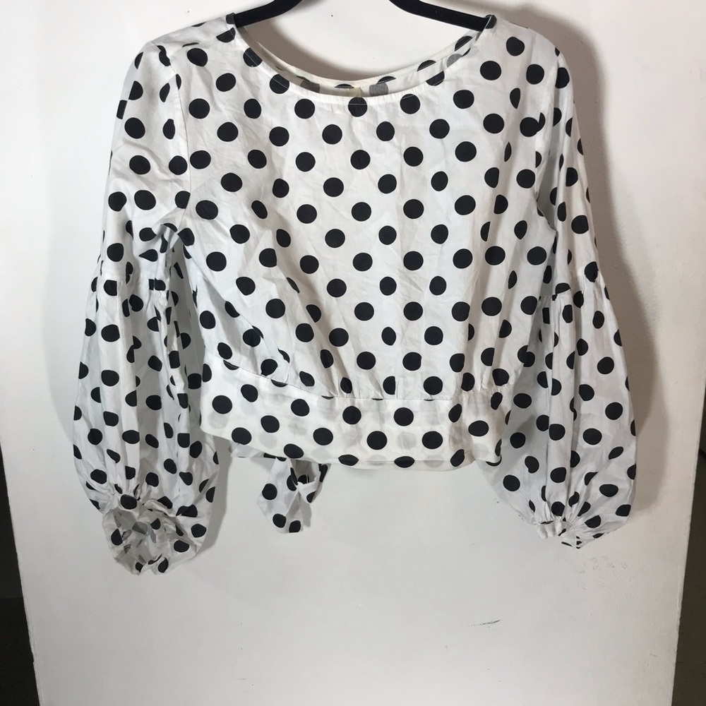 White Polka Dot Bell Sleeve Back Tie Up M